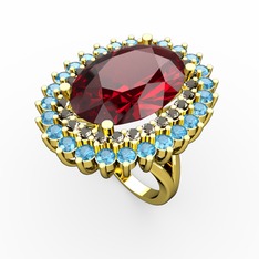 Garnet, dumanlı kuvars ve akuamarin 18 ayar altın yüzük