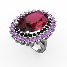 Neşe Yüzük - Rodolit garnet, siyah zirkon ve ametist 925 ayar gümüş yüzük #1enuq3e