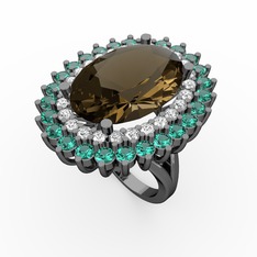 Dumanlı kuvars, beyaz zirkon ve yeşil kuvars 925 ayar siyah rodyum kaplama gümüş yüzük