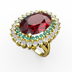 Neşe Yüzük - Garnet, yeşil kuvars ve pırlanta 14 ayar altın yüzük (1.56 karat) #1fipkdp