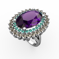 Ametist, yeşil kuvars ve dumanlı kuvars 18 ayar beyaz altın yüzük