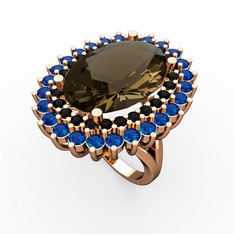 Dumanlı kuvars, siyah zirkon ve lab safir 14 ayar rose altın yüzük