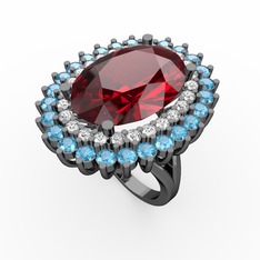 Neşe Yüzük - Garnet, pırlanta ve akuamarin 925 ayar siyah rodyum kaplama gümüş yüzük (0.936 karat) #1fuv3vx