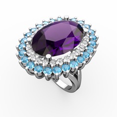 Neşe Yüzük - Ametist, swarovski ve akuamarin 14 ayar beyaz altın yüzük #1fvtmxr