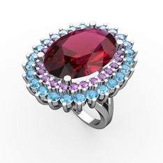 Neşe Yüzük - Rodolit garnet, ametist ve akuamarin 18 ayar beyaz altın yüzük #1gdquk5