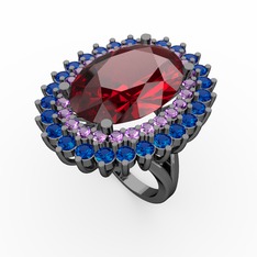 Neşe Yüzük - Garnet, ametist ve lab safir 925 ayar siyah rodyum kaplama gümüş yüzük #1ggjap9