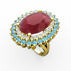 Kök yakut, pırlanta ve akuamarin 14 ayar altın yüzük (0.936 karat)