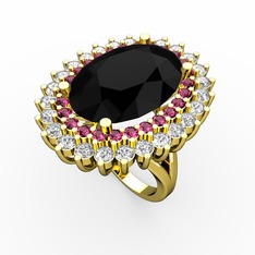 Siyah zirkon, rodolit garnet ve pırlanta 14 ayar altın yüzük (1.56 karat)