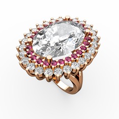 Beyaz zirkon, rodolit garnet ve pırlanta 8 ayar rose altın yüzük (1.56 karat)