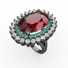 Neşe Yüzük - Garnet, yeşil kuvars ve pırlanta 925 ayar siyah rodyum kaplama gümüş yüzük (1.56 karat) #1gxi3xw