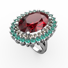 Garnet, dumanlı kuvars ve yeşil kuvars 14 ayar beyaz altın yüzük