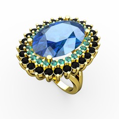 Neşe Yüzük - Akuamarin, yeşil kuvars ve siyah zirkon 14 ayar altın yüzük #1im21bl