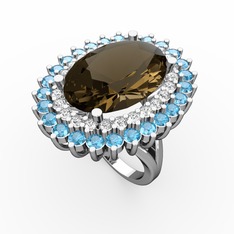 Neşe Yüzük - Dumanlı kuvars, pırlanta ve akuamarin 14 ayar beyaz altın yüzük (0.936 karat) #1ip281w