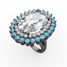 Beyaz zirkon, swarovski ve akuamarin 925 ayar siyah rodyum kaplama gümüş yüzük