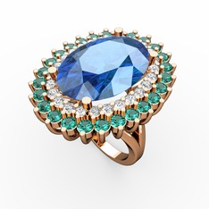 Akuamarin, swarovski ve yeşil kuvars 18 ayar rose altın yüzük