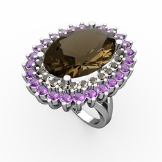 Dumanlı kuvars ve ametist 14 ayar beyaz altın yüzük