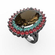 Neşe Yüzük - Dumanlı kuvars, yeşil kuvars ve garnet 925 ayar siyah rodyum kaplama gümüş yüzük #1k5581w