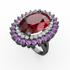 Garnet, beyaz zirkon ve ametist 925 ayar siyah rodyum kaplama gümüş yüzük
