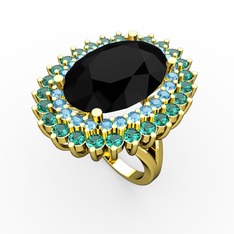 Neşe Yüzük - Siyah zirkon, akuamarin ve yeşil kuvars 14 ayar altın yüzük #1l4w3z7