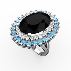 Neşe Yüzük - Siyah zirkon, swarovski ve akuamarin 14 ayar beyaz altın yüzük #1l9n7ic