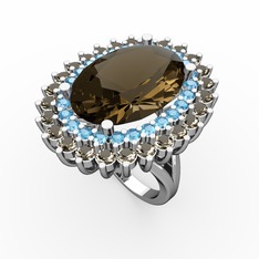 Dumanlı kuvars ve akuamarin 18 ayar beyaz altın yüzük