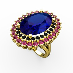 Lab safir, siyah zirkon ve rodolit garnet 18 ayar altın yüzük