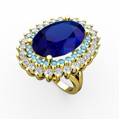 Lab safir, akuamarin ve swarovski 925 ayar altın kaplama gümüş yüzük