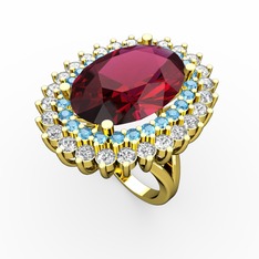 Rodolit garnet, akuamarin ve pırlanta 925 ayar altın kaplama gümüş yüzük (1.56 karat)