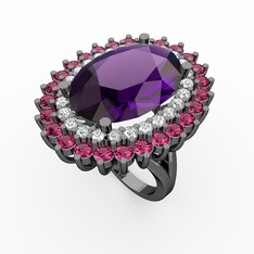 Neşe Yüzük - Ametist, swarovski ve rodolit garnet 925 ayar siyah rodyum kaplama gümüş yüzük #1mpgprw