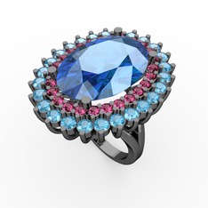Neşe Yüzük - Akuamarin ve rodolit garnet 925 ayar siyah rodyum kaplama gümüş yüzük #1n3gvxq