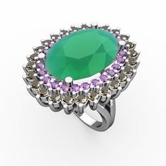 Neşe Yüzük - Kök zümrüt, ametist ve dumanlı kuvars 8 ayar beyaz altın yüzük #1n430c