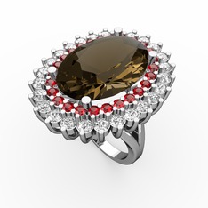 Dumanlı kuvars, garnet ve swarovski 8 ayar beyaz altın yüzük