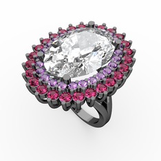 Neşe Yüzük - Swarovski, ametist ve rodolit garnet 925 ayar siyah rodyum kaplama gümüş yüzük #1o3snlh