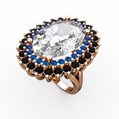 Swarovski, lab safir ve siyah zirkon 14 ayar rose altın yüzük
