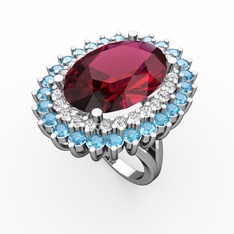 Rodolit garnet, pırlanta ve akuamarin 925 ayar gümüş yüzük (0.936 karat)