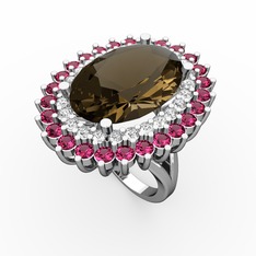 Dumanlı kuvars, pırlanta ve rodolit garnet 925 ayar gümüş yüzük (0.936 karat)