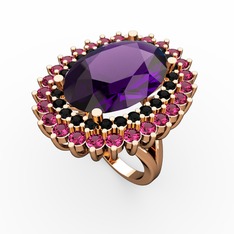 Ametist, siyah zirkon ve rodolit garnet 14 ayar rose altın yüzük