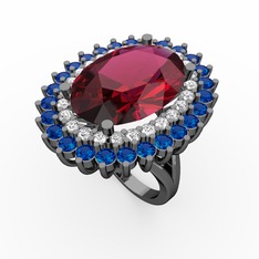 Neşe Yüzük - Rodolit garnet, pırlanta ve lab safir 925 ayar siyah rodyum kaplama gümüş yüzük (0.936 karat) #1qb78wi