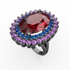 Garnet, lab safir ve ametist 925 ayar siyah rodyum kaplama gümüş yüzük