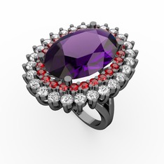 Neşe Yüzük - Ametist, garnet ve pırlanta 925 ayar siyah rodyum kaplama gümüş yüzük (1.56 karat) #1qidofd