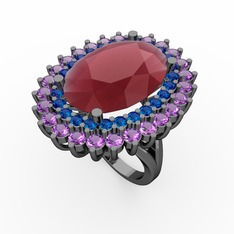 Neşe Yüzük - Kök yakut, lab safir ve ametist 925 ayar siyah rodyum kaplama gümüş yüzük #1qncrya