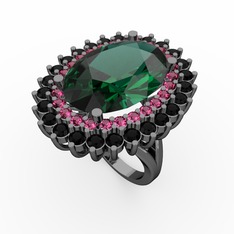 Neşe Yüzük - Yeşil kuvars, rodolit garnet ve siyah zirkon 925 ayar siyah rodyum kaplama gümüş yüzük #1qo4nrz