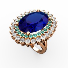 Lab safir, yeşil kuvars ve swarovski 925 ayar rose altın kaplama gümüş yüzük