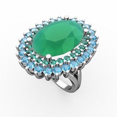 Kök zümrüt, yeşil kuvars ve akuamarin 18 ayar beyaz altın yüzük