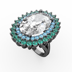 Swarovski, akuamarin ve yeşil kuvars 925 ayar siyah rodyum kaplama gümüş yüzük