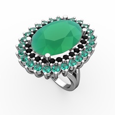 Neşe Yüzük - Kök zümrüt, siyah zirkon ve yeşil kuvars 8 ayar beyaz altın yüzük #1tghbrd