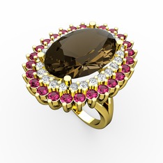 Dumanlı kuvars, swarovski ve rodolit garnet 8 ayar altın yüzük