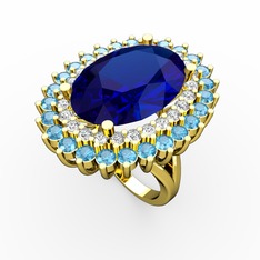 Lab safir, swarovski ve akuamarin 8 ayar altın yüzük