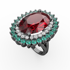 Neşe Yüzük - Garnet, pırlanta ve yeşil kuvars 925 ayar siyah rodyum kaplama gümüş yüzük (0.936 karat) #1u5l2i8