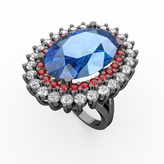 Neşe Yüzük - Akuamarin, garnet ve pırlanta 925 ayar siyah rodyum kaplama gümüş yüzük (1.56 karat) #1ufrulo